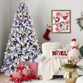 7.5FT Prelit Artificial Flocked Christmas Tree with 400 Multi-Color LED Lights, Full Hinged Pine Xmas Tree with 1523 PE & PVC Mixed Branch Tips